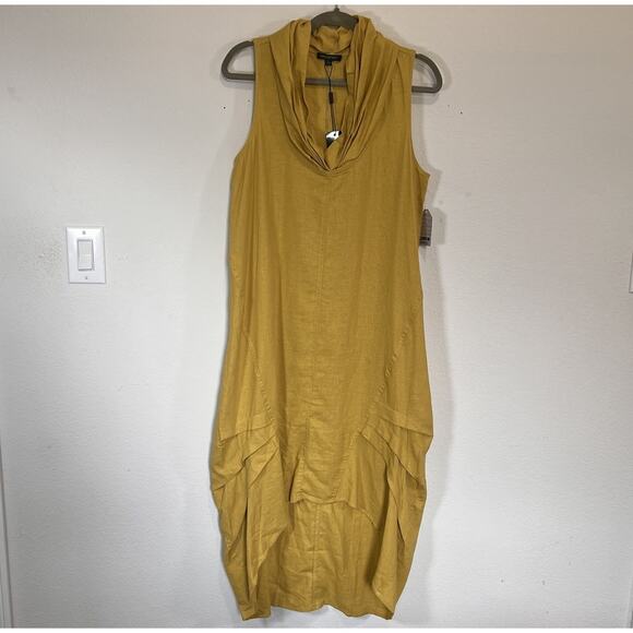 For Cynthia Dress Size L Mustard Yellow Sleeveless Linen Blend Hi-lo Cowl Neck - Picture 1 of 12
